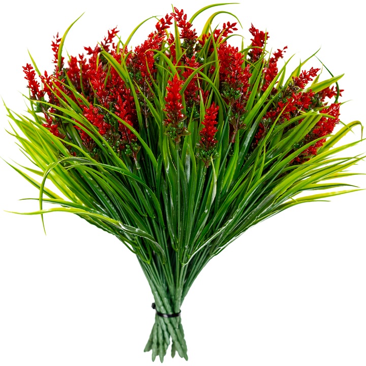 Set 8 Buchete Flori Artificiale Lavanda, ARKOTEX, Rezistente UV, Plastic, Rosu, 35cm Inaltime