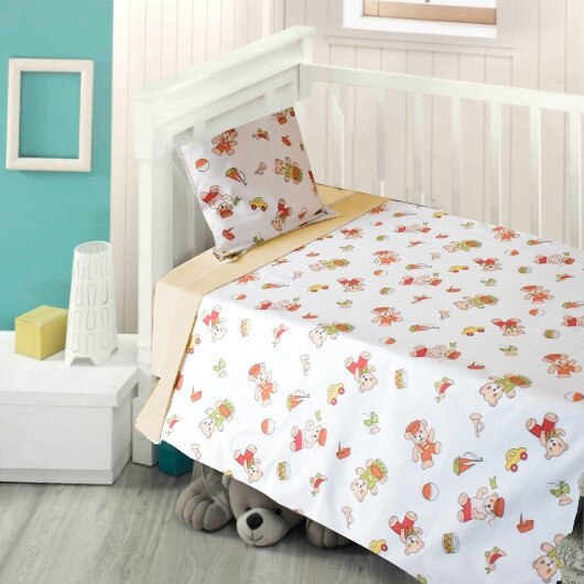 Lenjerie patut 3 piese, bumbac 100%, Ursuleti si tobe, alb si bej