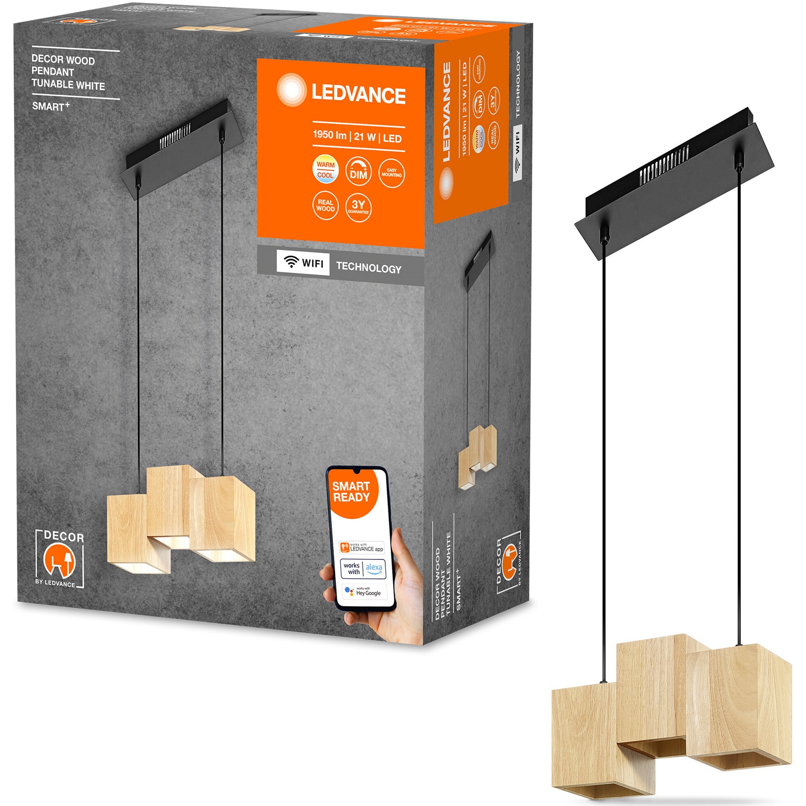 Pendul LED inteligent Ledvance Decor Wood, Wi-Fi, 21W, 1200 lm, dimabil, temperatura lumina reglabila, IP20, 150cm, clasa energetica F