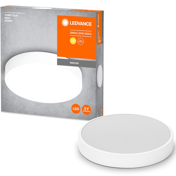 Plafoniera LED Ledvance Orbis Slim Moia, 20W, 1500 lm, lumina calda (3000K), IP20, metal, 28 cm, Alb, clasa energetica E