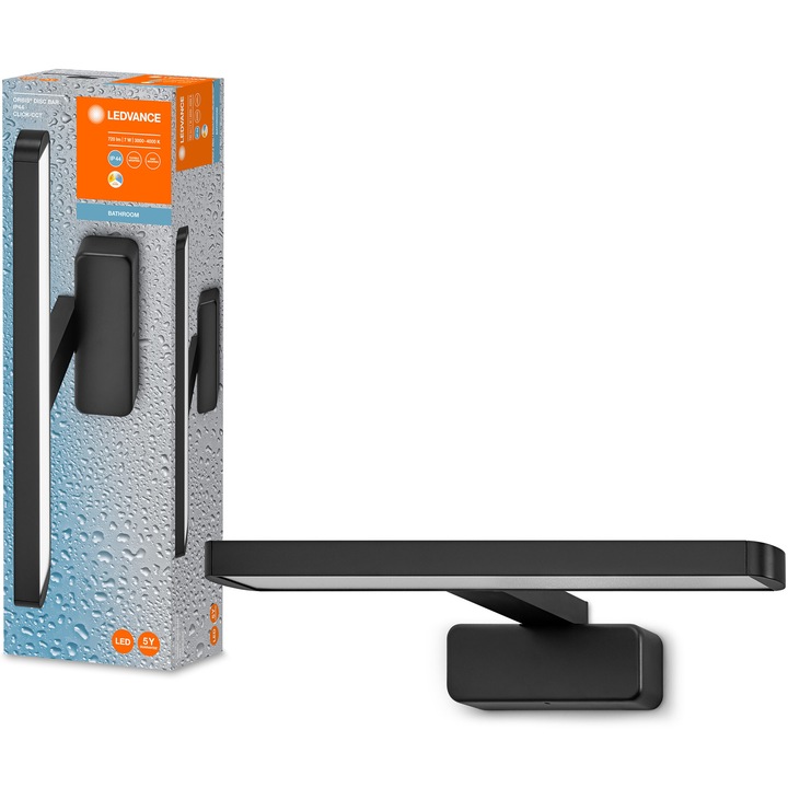 Лампа за огледало за баня Ledvance Orbis Disc Bar, LED, 7W, 300 лумена, Регулируема температура на светлината, IP44, 40 см, Черен