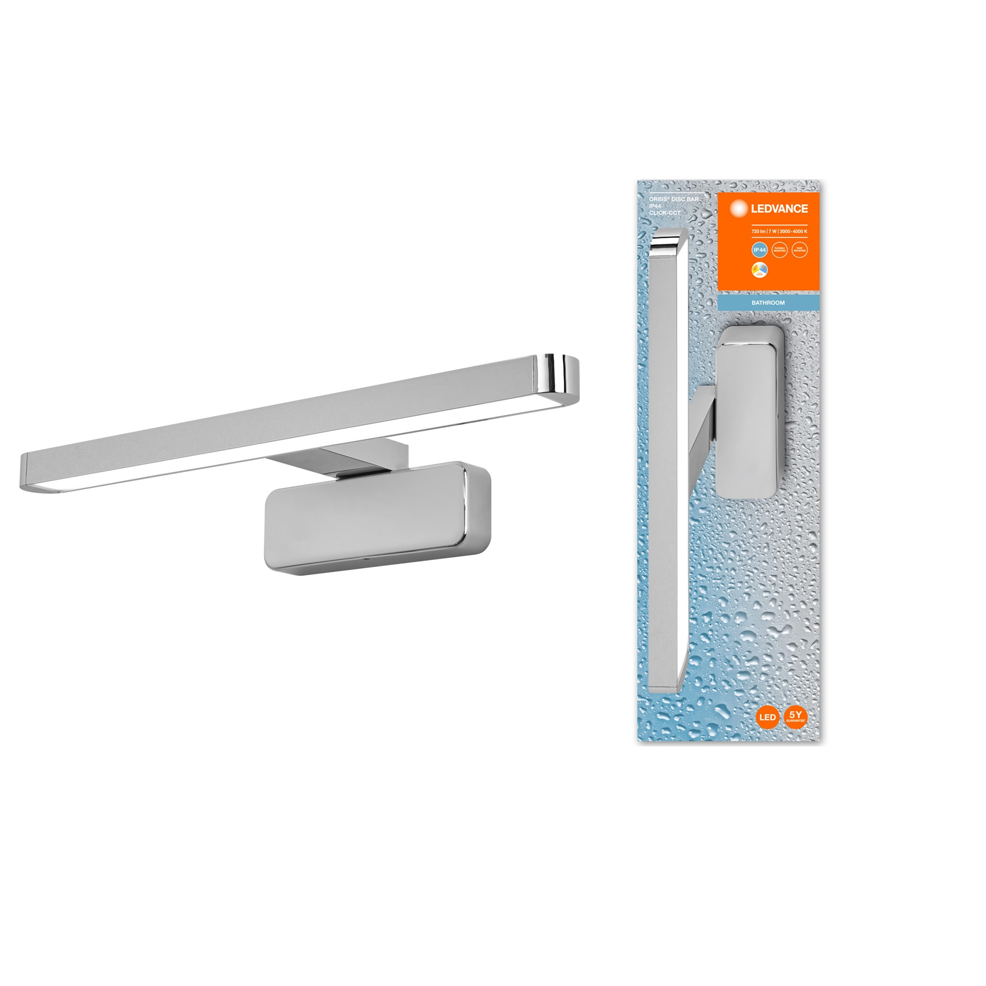 Aplica LED pentru oglinda baie Ledvance Orbis Disc Bar, 7W, 380 lm, temperatura lumina reglabila, IP44, 40 cm, Crom