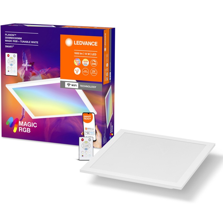 Смарт RGB LED панел Ledvance Magic, Wi-Fi, Дистанционно управление, 14W, 1600 лумена, Димируем, Бяла и цветна светлина, 29.5x29.5 см, Бял, Енергиен клас E