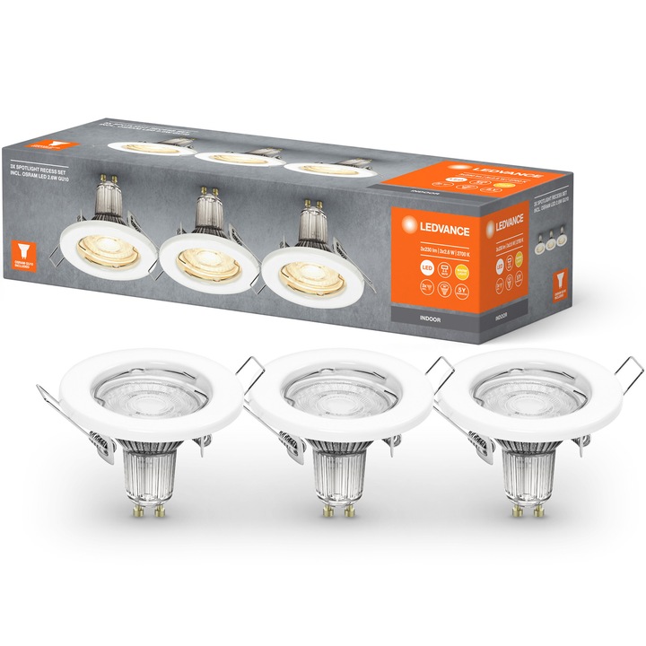 Set 3 spoturi LED incastrate Ledvance, 3x2.6W, 3x230 lm, lumina calda (2700K), diametru 80 mm, IP20, clasa energetica F, Alb