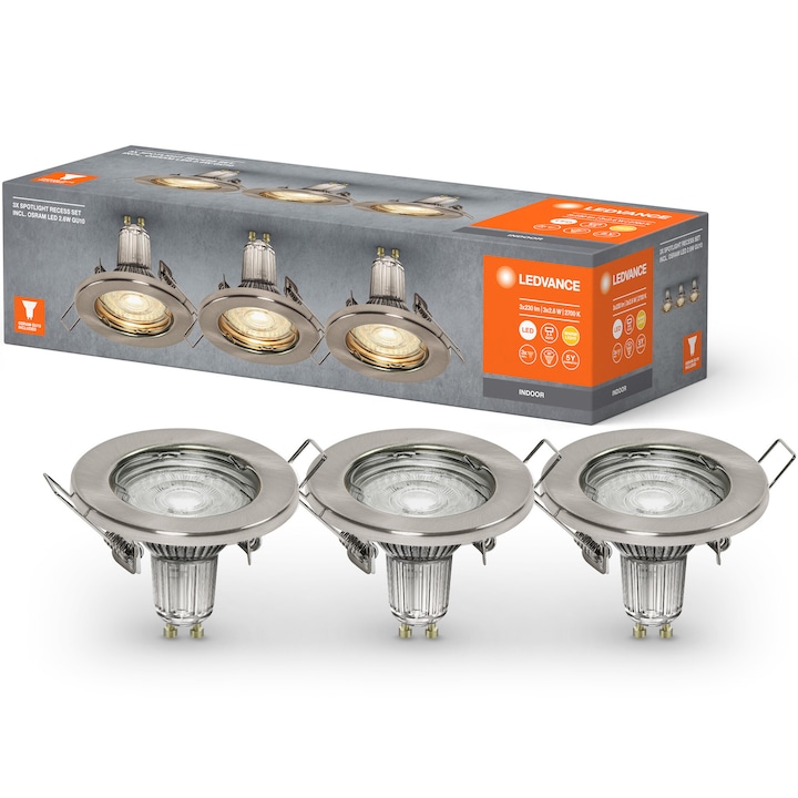 Set 3 spoturi LED incastrate Ledvance, 3x2.6W, 3x230 lm, lumina calda (2700K), diametru 80 mm, IP20, clasa energetica F, Nichel