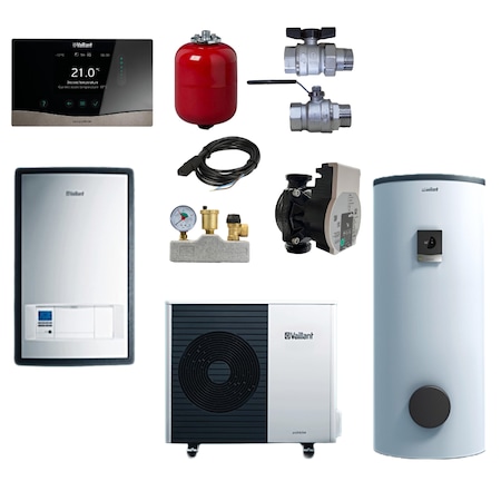 Pachet pompa de caldura aer-apa Vaillant 10 kW aroTHERM split VWL 105/5 A + Unitate interioara statie hidraulica VWL 127/5 IS (WH) + Buffer indirect tip VPS R100/1 M + Kit montaj RTM