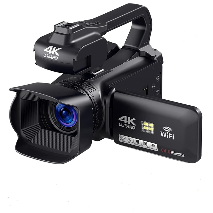 Camera video digitala, ultra hd, 64 mpx, 60 fps, ecran 4 inch, touchscreen, 18 x zoom, card 64 gb inclus, neagra