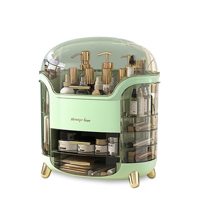 Organizator cosmetice INVINCIO Retro, stil vintage cu detalii aurii, 9 spatii depozitare cu 2 sertare centrale si 5 laterale, capac culisabil, maner transport, ideal pentru organizat cosmetice mici sau mari si protejat de praf, 30x34x20 cm, verde