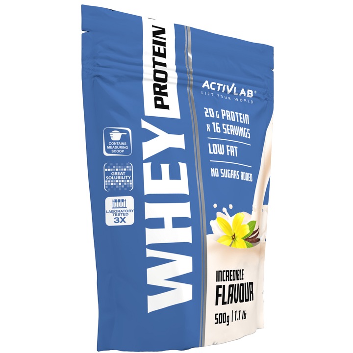 Proteina din zer WPC Activlab Whey Protein, Supliment proteic, 500 g, Aroma Vanilie, Continut ridicat de proteine, Pudra pentru shake-uri proteice
