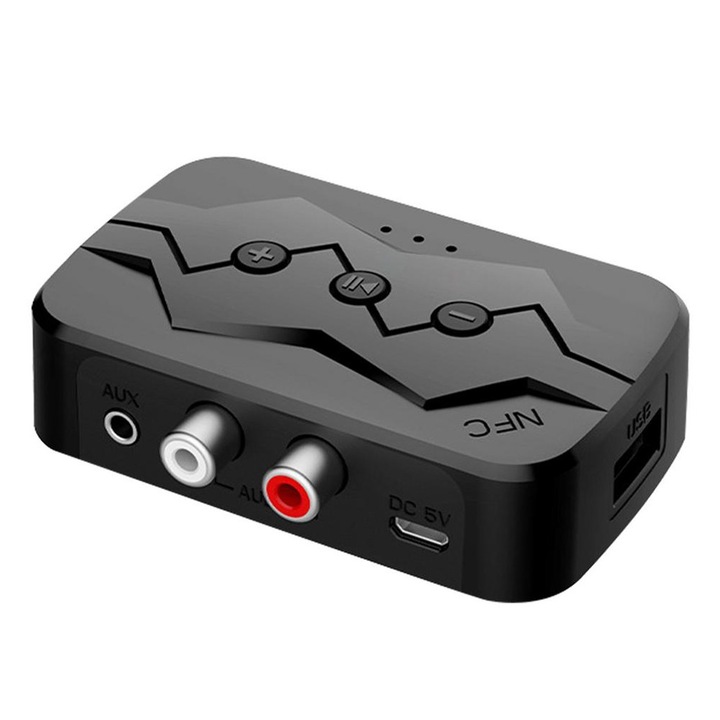 Adaptor Bluetooth Techstar® M23, transmitator si receptor pentru TV/PC/Sistem de sunet pentru casa, Jack 3.5mm, Micro SD, USB, AUX, NFC, RCA, Negru
