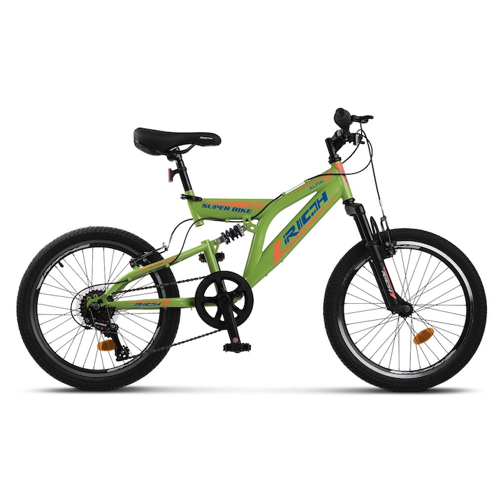 Bicicleta MTB de munte Full Suspension Rich Alpin JSX2049, suspensie fata/spate, roata 20 inch, frana tip V-Brake, 6 viteze, verde cu portocaliu