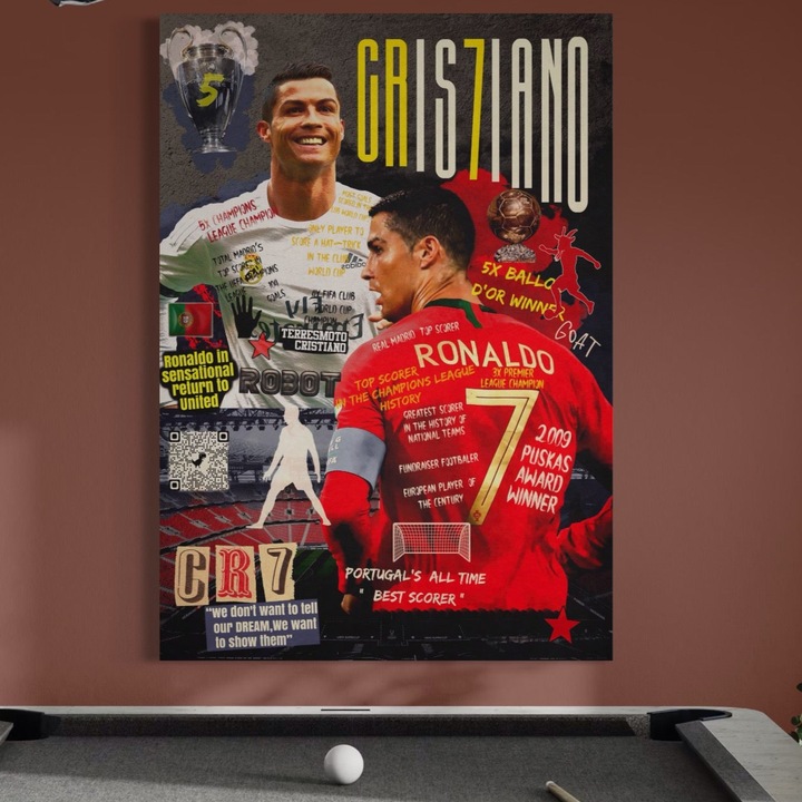 Tablou Canvas Premium, LuxCanva® A1006, Cristiano Ronaldo, 50 x 75 CM, Panza Bumbac 100% 400g/m2, Sasiu Lemn, Decorativ, Sport, Fotbal, Culori Vibrante