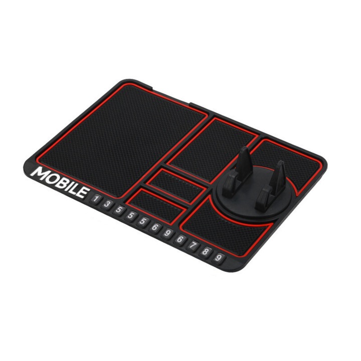 Suport Auto Telefon, Organizator de Bord Antiaderent, Accesorii Auto pentru Telefon, Tableta, Covoras pentru Bord Masina Antiaderent Multifunctional, Numar de Telefon Afisat, Pad Fixare Bord Masina, Rotire 360 Grade, Rezistent la Caldura, Rosu, BIUPSER
