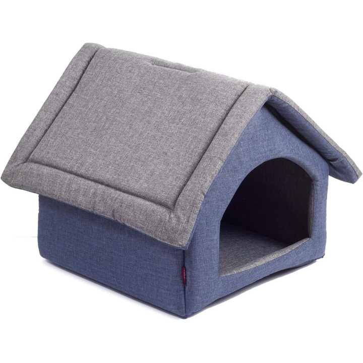 Pat pentru caini si pisici, M 40 x 33 x 33 cm, albastru-gri, casuta, imitatie de in