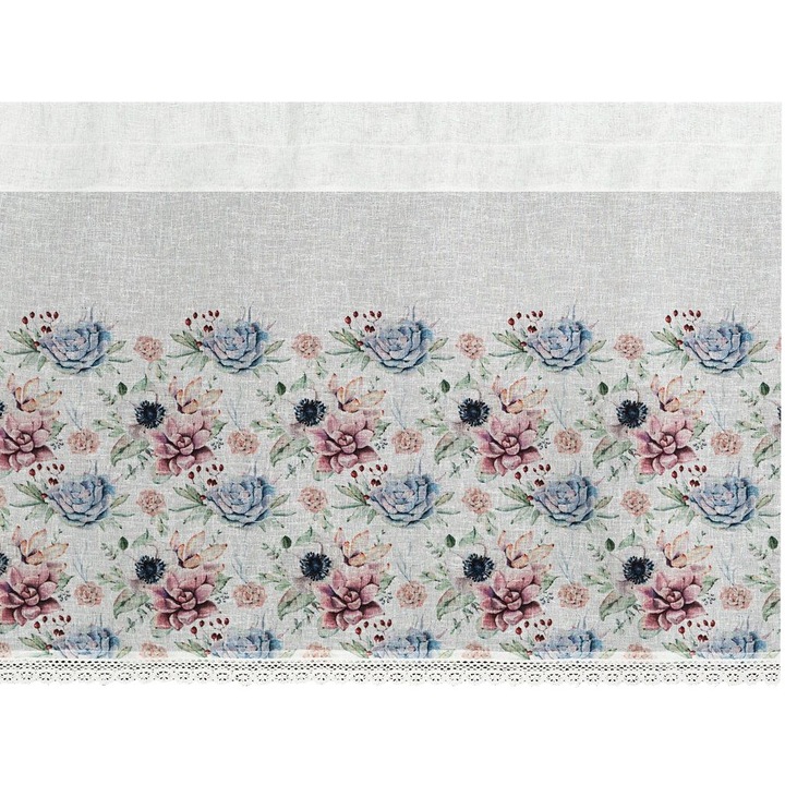 Eurofirany Függöny, Ráncolószalaggal Dora 150x60 fehér rózsaszín kék virágokkal