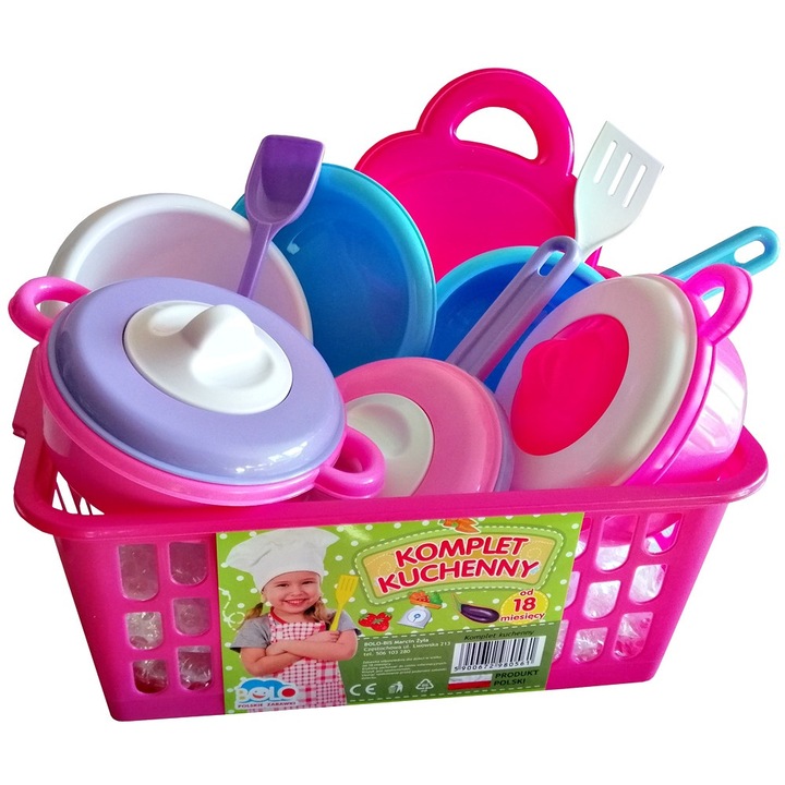 Set de gatit pentru copii cu oale si ustensile de bucatarie, Roz - Pastel