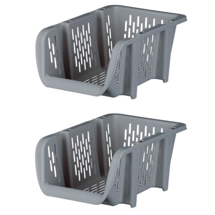 Set 2 cosuri de depozitare din plastic, stivuibile, gri, 31x20x14