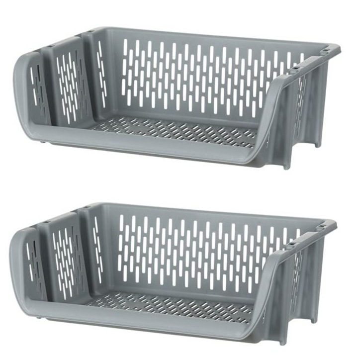 Set 2 cosuri de depozitare din plastic, stivuibile, gri, 39x31x13cm