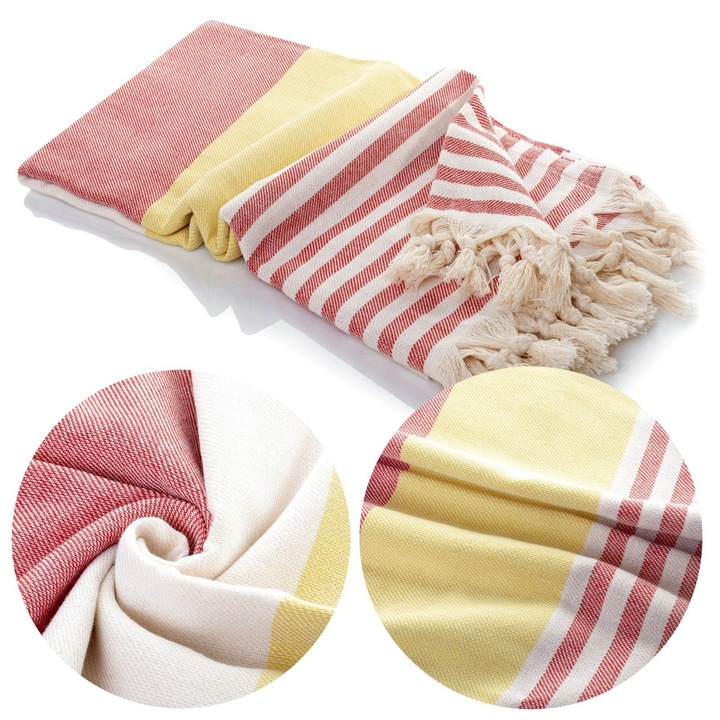 Плажна кърпа, Peri Hamam, 100x180см, бохо стил, нюанси на жълто и червено, 250 гр/м2