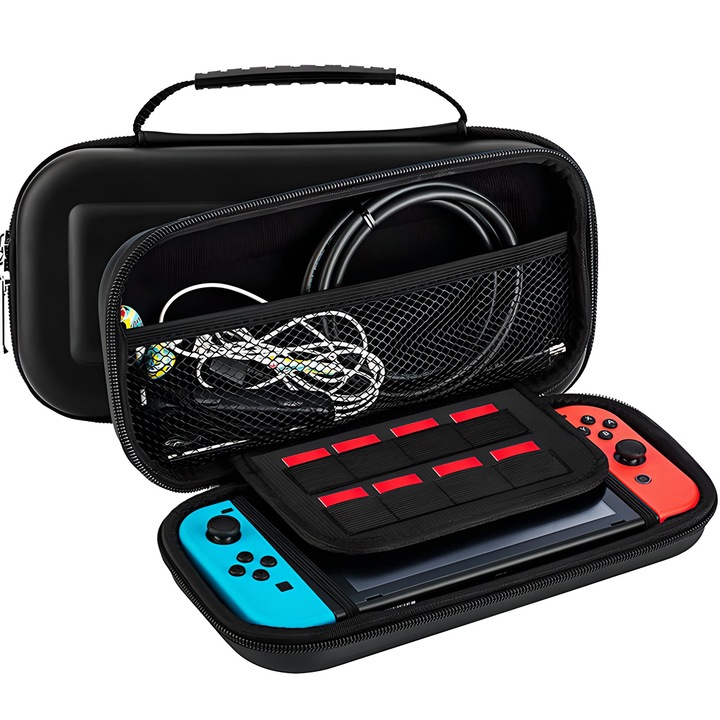 Nintendo Switch konzol hordtáska zsebbel, fogantyúval és kemény falakkal, fekete