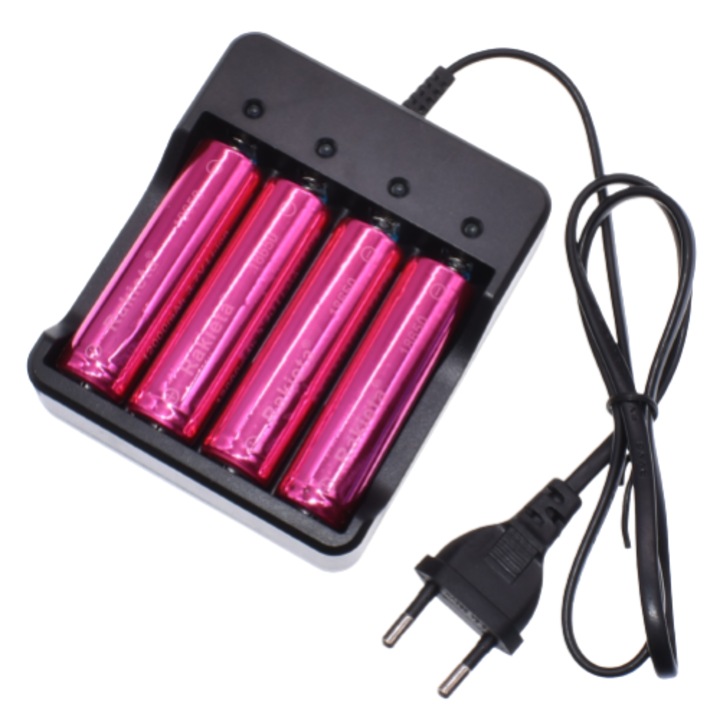 Set 4 acumulatori Stone® model Rakieta 18650 3.7v, 12000mAh Pink si incarcator Smart Charger 4.2v 1200mAh, Led indicator
