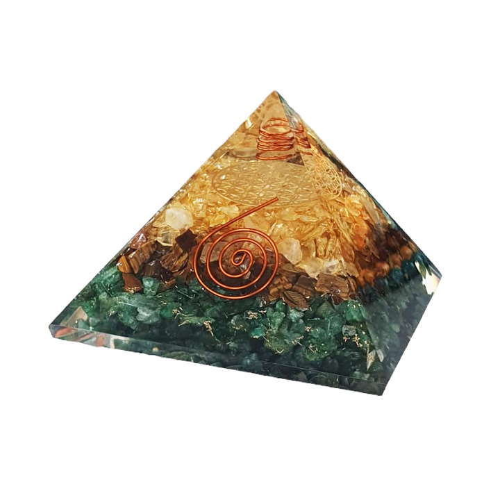 Ezera orgonikus piramis, aventurin, tigrisszem és citrin kristályokkal, életvirág szimbólummal és rézspirállal, 8,5 cm