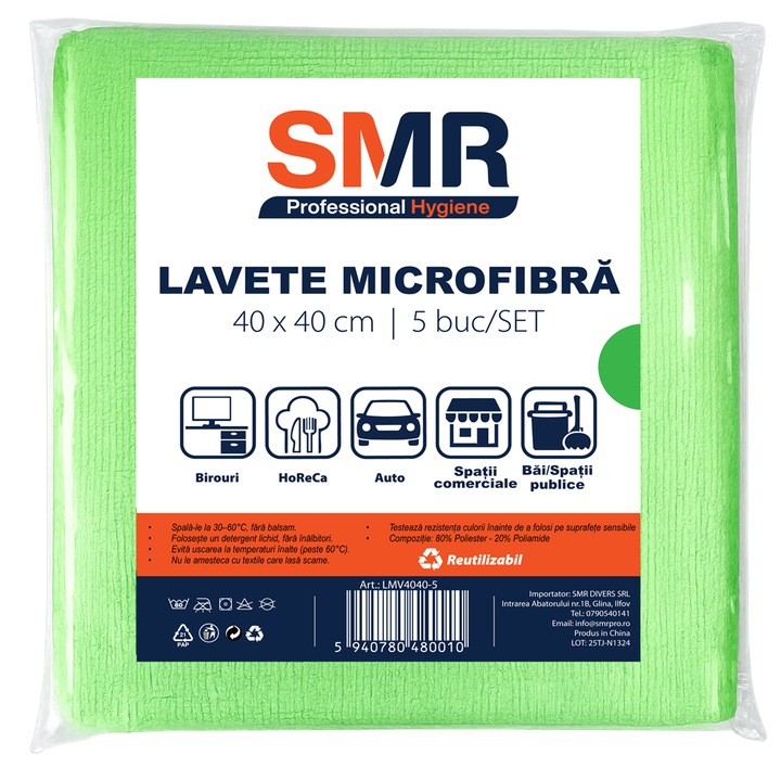 Laveta din microfibra Verde 40 x 40 cm 5 buc/set SMR Professional Hygiene