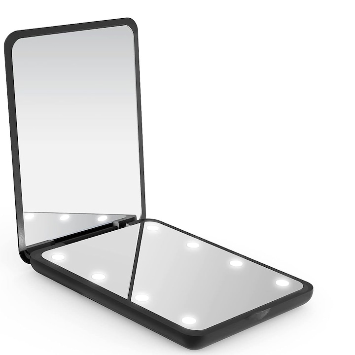Mini oglinda cosmetica portabila pentru machiaj, pentru poseta sau de buzunar, iluminata LED, pliabila cu 2 laturi, idela pentru iesirile in oras sau calatorii, Neagra, Regal Bliss ®