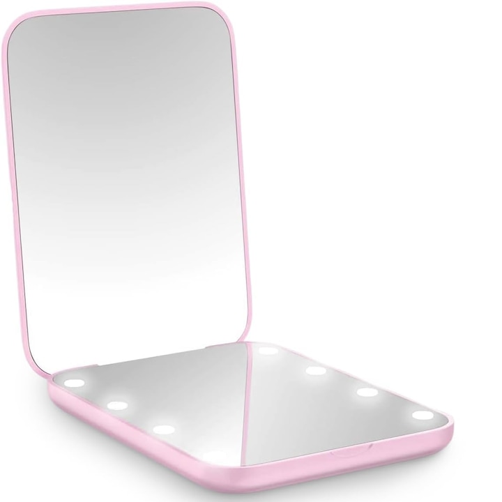 Mini oglinda cosmetica portabila pentru machiaj, pentru poseta sau de buzunar, iluminata LED, pliabila cu 2 laturi, idela pentru iesirile in oras sau calatorii, Roz, Regal Bliss ®