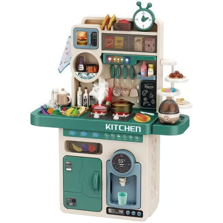 Многофункционална детска кухня KidProtect® Chef Master XXL с ПАРА, реалистични светлини и звуци, мивка с воден кръг, черна дъска, котлон, хладилник, дозатор за вода, 93 аксесоара, без BPA, симулация на готвене, 63 см височина