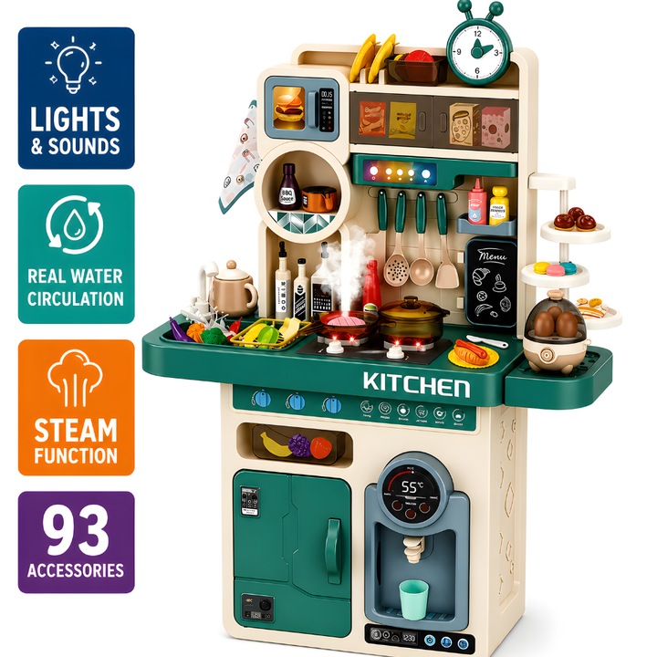 Bucatarie Multifunctionala Copii KidProtect® Chef Master XXL cu ABURI, Lumini si Sunete Realiste, Chiuveta Circuit de Apa, Tabla Scris, Plita, Frigider, Dozator Apa, 93 Accesorii, BPA Free, Simulare Gatit, 63CM Inaltime