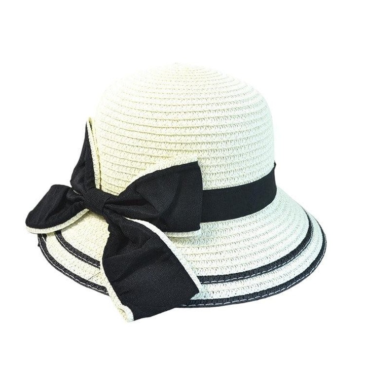 Palarie de vara, pentru copii, alb unt, cu funda, Inara, Pursehuit, 56-58 CM