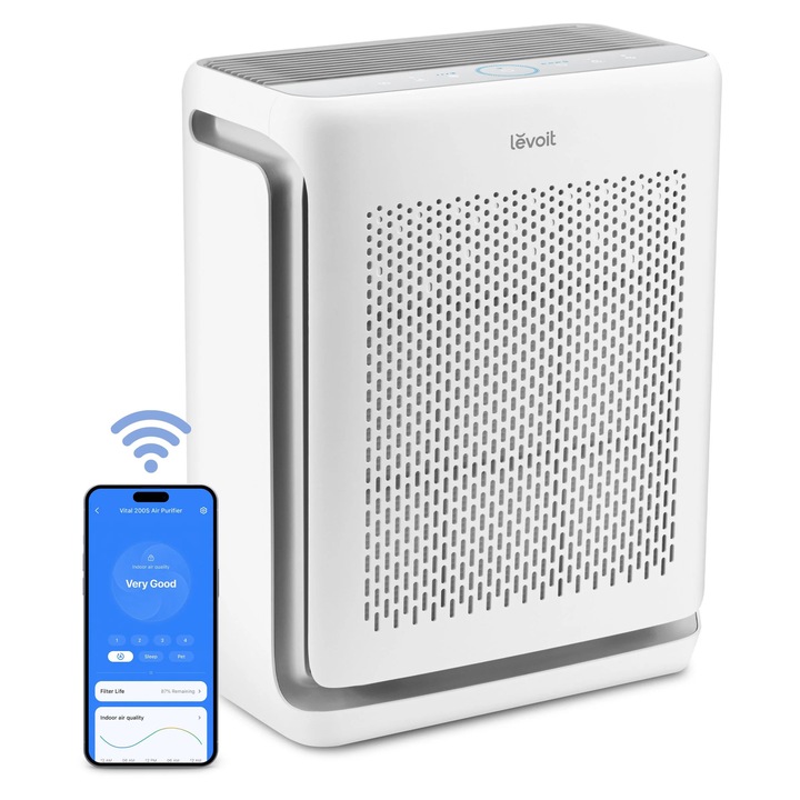 Purificator de aer Smart Levoit Vital 200S Pro Wi-Fi, Filtru True HEPA, Acoperire pana la 46 m², Senzor Calitate Aer, Compatibil Alexa & Google Home, Alb