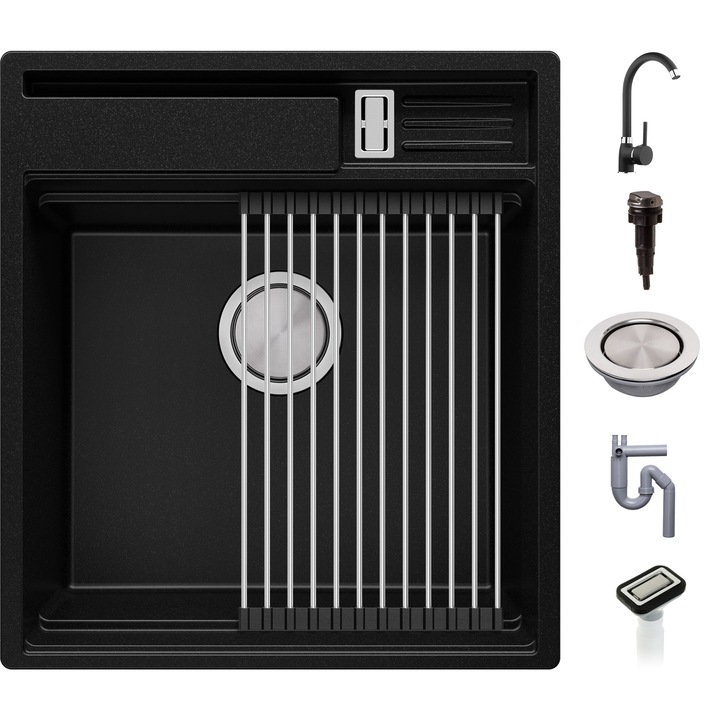 Chiuveta de Bucatarie Granit cu Baterie 5000 si Sifon, 48x53 cm, Adancime 20 cm, Montare pe Blat, Oslo 50 Pocket, Primagran, Negru