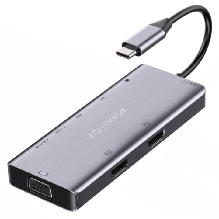 Docking Station USB-C 9 in 1 ACV Premium, Hub cu 2x HDMI 4K, 1x VGA Port, 1x USB3.0,1xUSB2.0,1x TypeC Port PD Charging 100W, 1 x Micro SD, 1x SD/TF card, 1x 3.5mm Audio