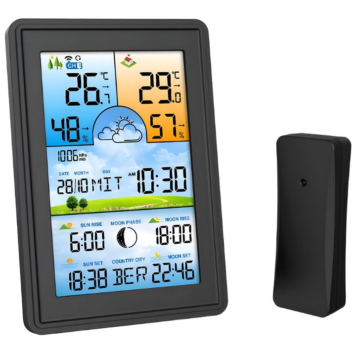 Statie meteo fara fir ACV Premium, cu senzor exterior Wireless, afisaj color, Higrometru, Barometru, ecran LCD luminat, predictie temperatura si umiditate, prognoza meteo, fazele lunii, alarma cu functie Snooze, culoare negru