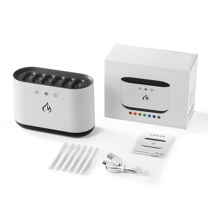 Umidificator dinamic de aer cu difuzor aromaterapie pentru casa si birou, Portabil, Capacitate 900 ml, Comenzi Vocale, Temporizator, 7 lumini LED, 6 Moduri difuzie cu ultrasunete, Lumina de veghe, Silentios, Alimentare usb, Alb
