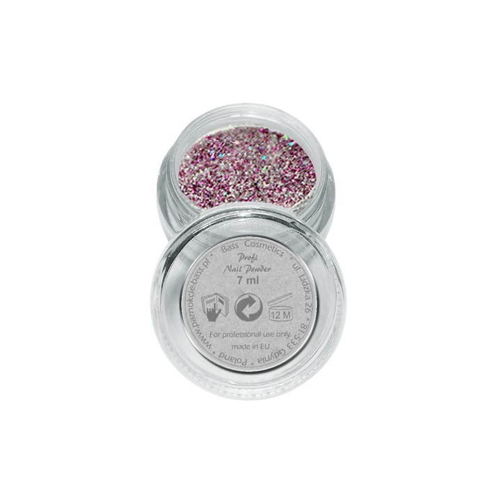 Pudra acrilica cu sclipici, Bass Cosmetics, Argintiu\Roz, 7 ml