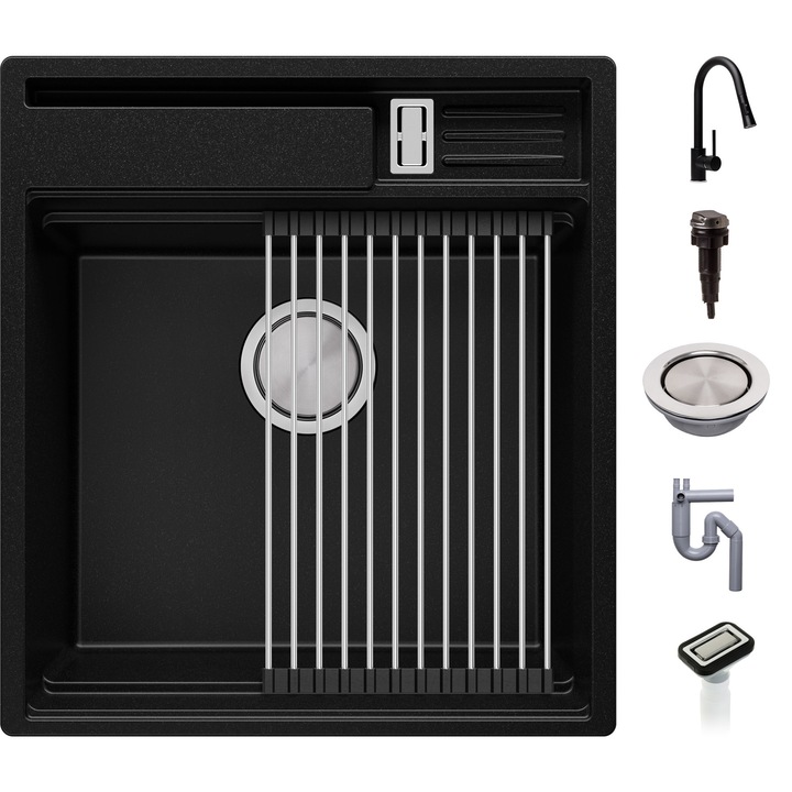 Chiuveta de Bucatarie Granit cu Baterie 9050 si Sifon, 48x53 cm, Adancime 20 cm, Montare pe Blat, Oslo 50 Pocket, Primagran, Negru