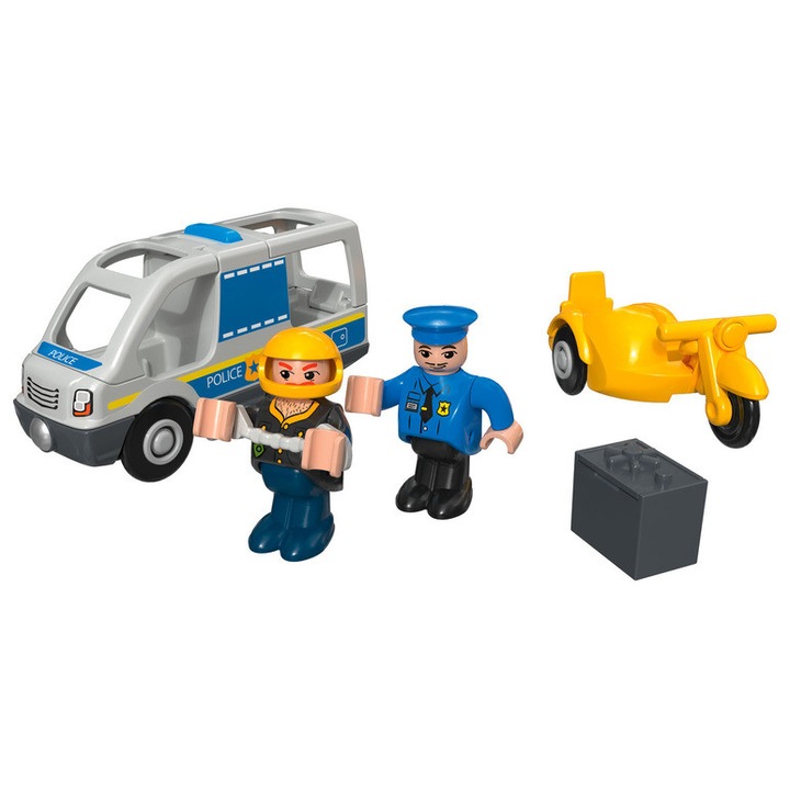 Set vehicul de politie, cu lumini si sunet, cu accesorii, 7 piese