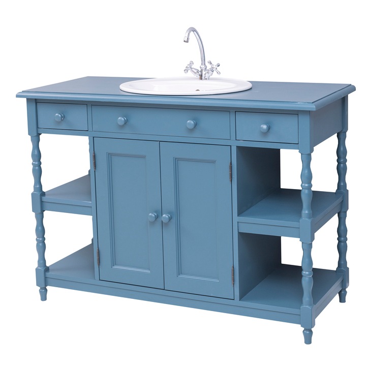 Fürdőszoba szekrény díszes lábbal, 1 kagylóval, kagylóval az árban, kék színű P051, festett, 100% tömör fa
