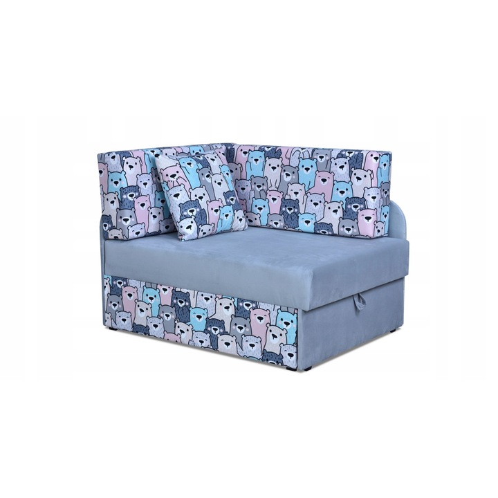 Gyermek sarokkanapé, Modell Bambino, Family Meble, Kihúzható, Szövet/Fa, 78x80x107/180 cm, Sokszínű, Teddy mackók