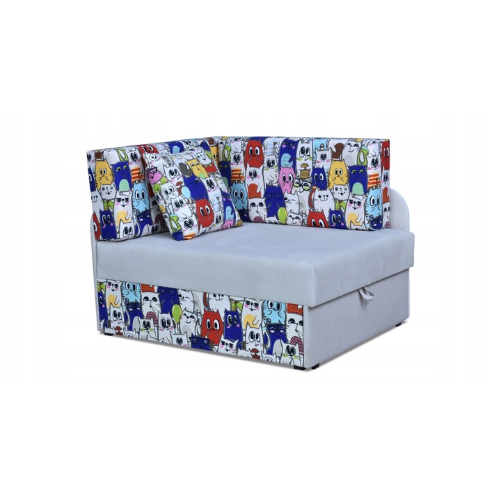 Coltar Bambino, Extensibil, Family Meble, 109x80x78 cm, Stofa/Lemn, Pisici/Gri