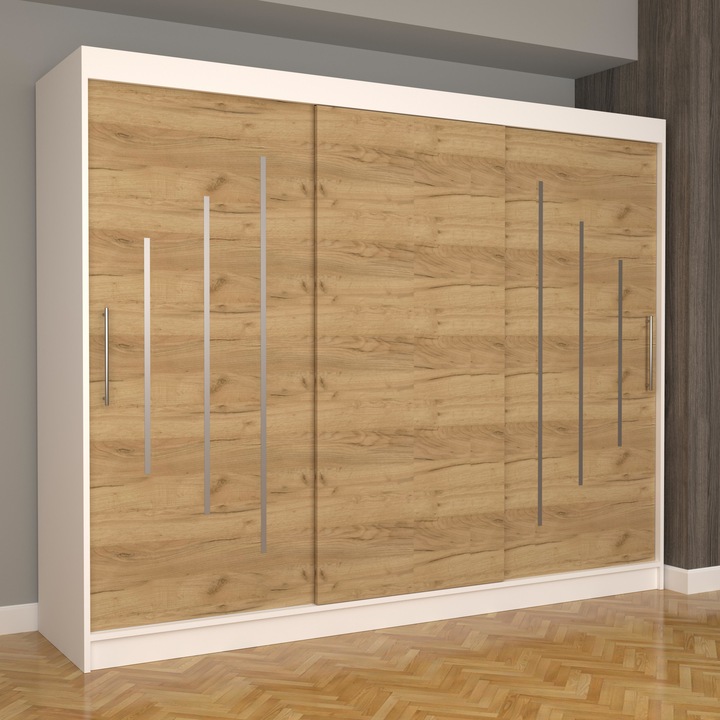 Dressing Luna Ultra 250 cm x 200 cm x 61 cm, fara oglinda, alb cu usi glisante oak craft gold