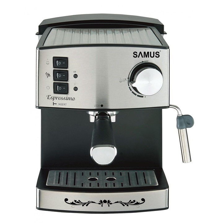 Кафемашина SAMUS Espressimo Silver, 20bra, 850W, 1.6L, Парна дюза за капучино, Плот за подгряване на чаши, Черен