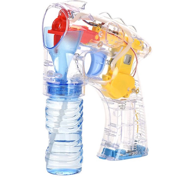 Jucarie Interactiva Pistol de Facut Baloane de Sapun cu Efecte Luminoase LED si 2 Recipiente de Lichid, Multicolor