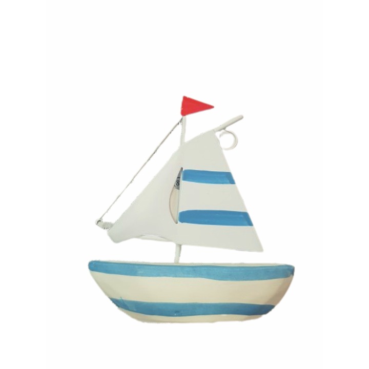 Ahelos dekoráció, csónak, kerámia/fém, fehér/világoskék, 10x10 cm,