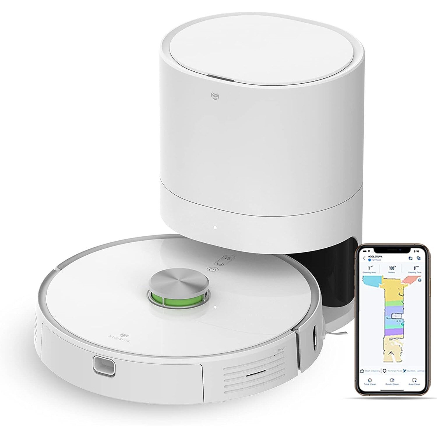 Aspirator robot, Marstak T9, statie de curatare, curatare uscata si umeda, control APP, asistenta Alexa si Google Assistant, Alb