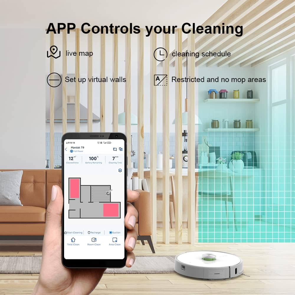 Aspirator robot, Marstak T9, statie de curatare, curatare uscata si umeda, control APP, asistenta Alexa si Google Assistant, Alb