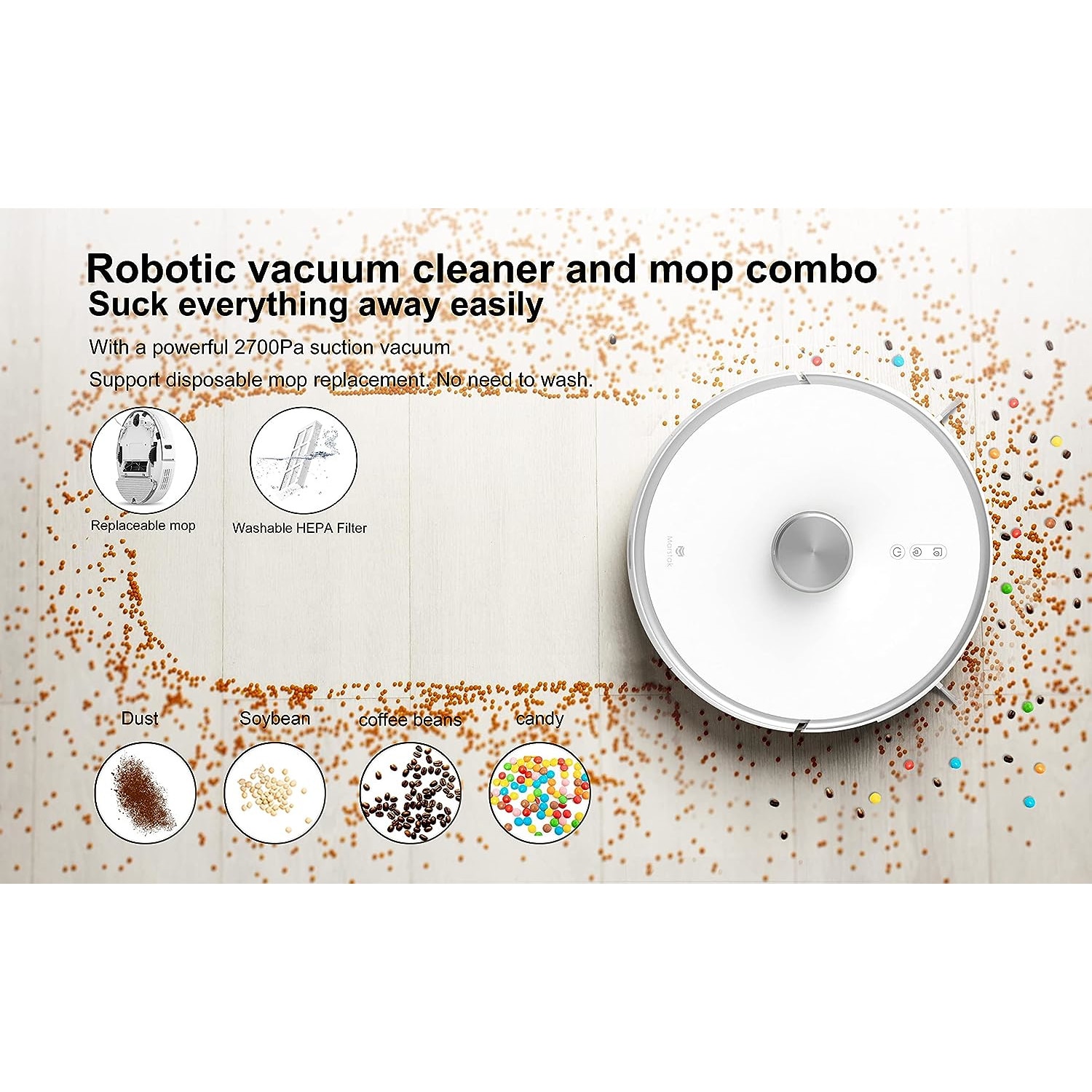 Aspirator robot, Marstak T9, statie de curatare, curatare uscata si umeda, control APP, asistenta Alexa si Google Assistant, Alb